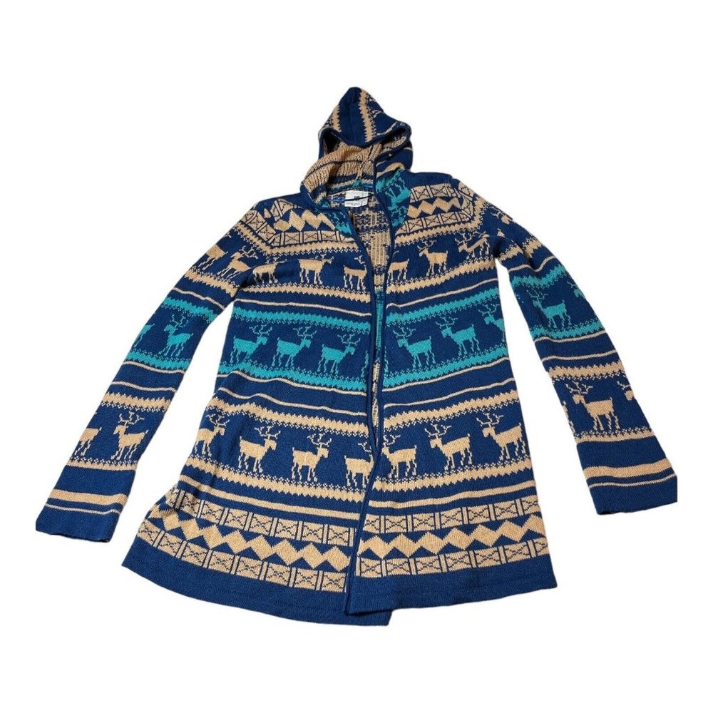 Pink Owl Apparel Women’s Sweater Open Long Drape Front Hood Moose Print Small